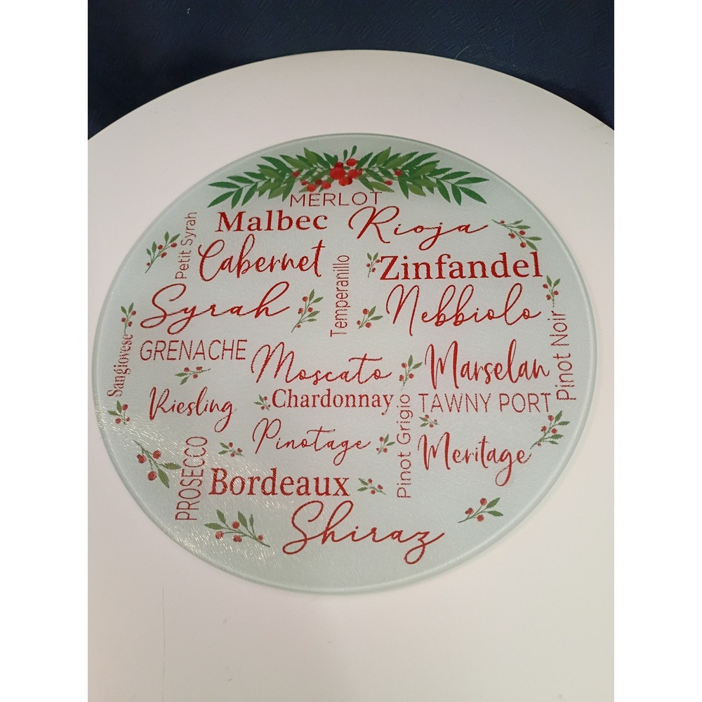 Merry Family Personalized Round Glass Cutting Board Wine Varietals 12 Inch